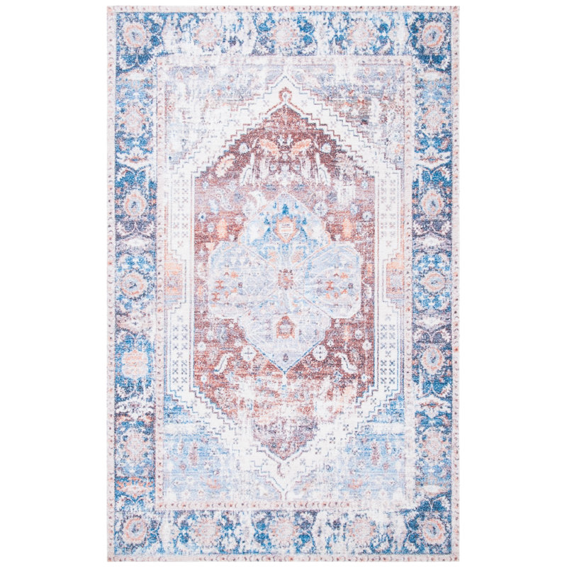 Vintage Blue and Rust Cotton Synthetic Flat Woven Rug
