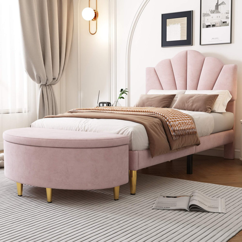 Pink Velvet Storage Bench with Metal Legs, Upholstered Storage Box Footstool for Hallway, Living Room & Bedroom