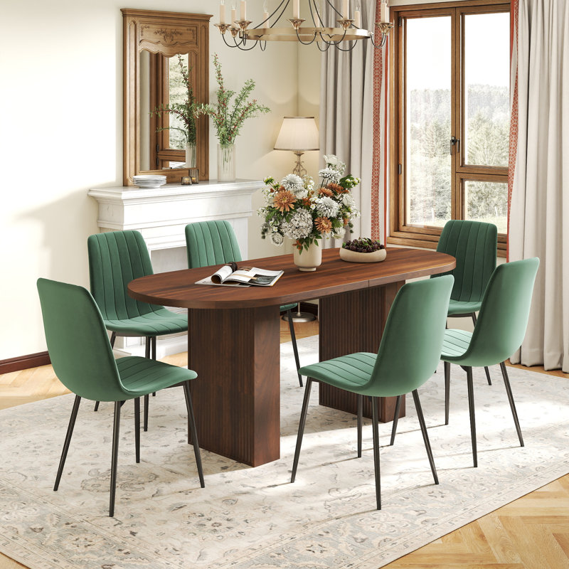 Mid Century Oval Pedestal Dining Table Sets, 7 Pieces: Table, 6 Chairs, Green, Walnut