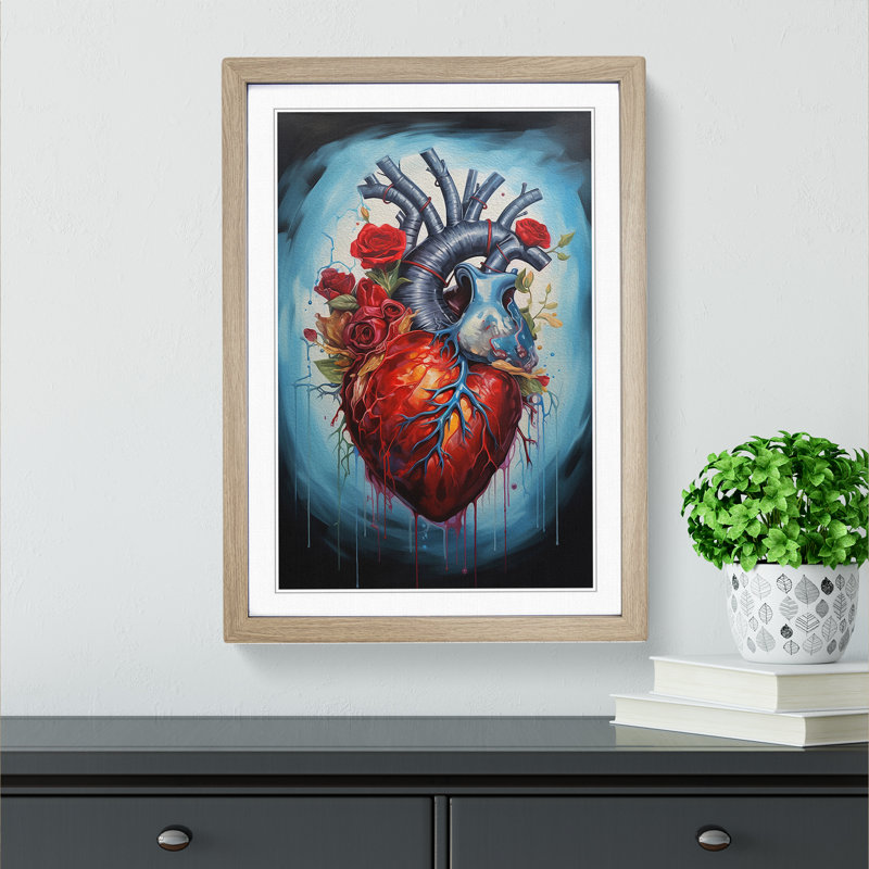 XYZ-FRM-V1223-1816 Anatomical Heart Hard Edge Painting - Single Picture Frame Print on Wood, Oak, 46cm H x 34cm W x 2cm D