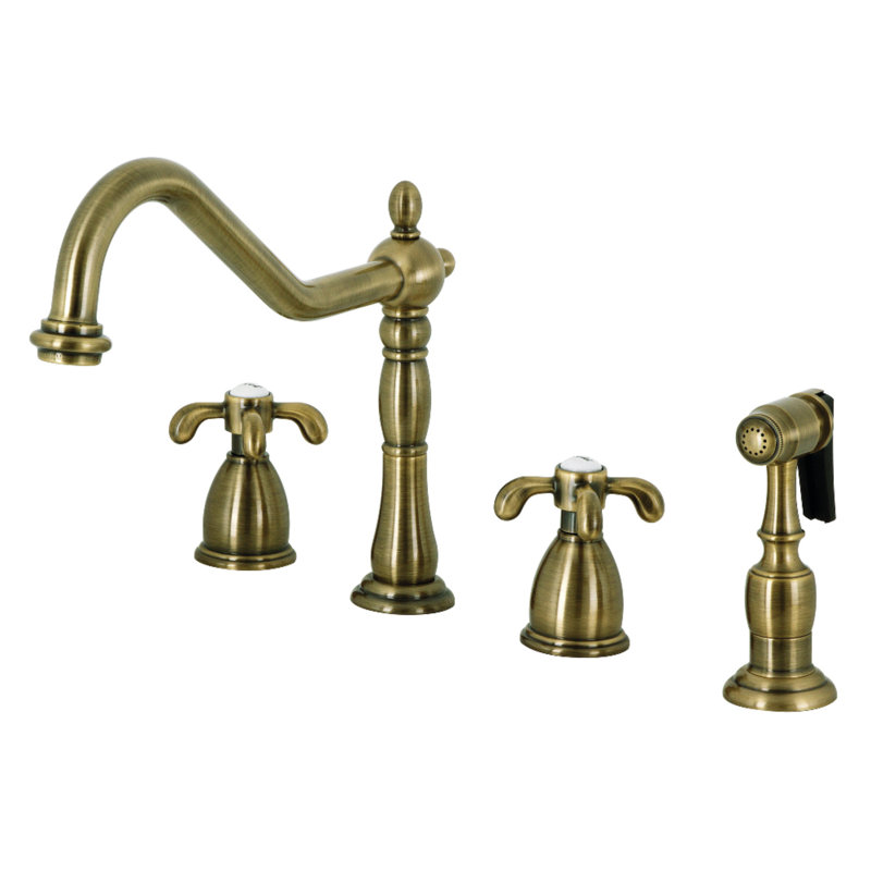 Kingston Brass French Country Double-Handle 4-Hole Widespread Kitchen Faucet with Brass Sprayer, Antique Brass