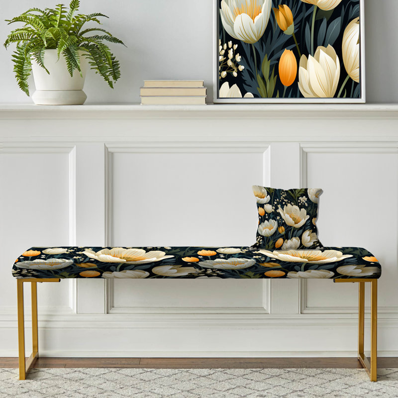 Banc floral rembourré or, Ikat beige et jaune tissé