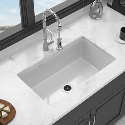 Évier de cuisine en porcelaine blanche à simple cuve 32 po x 19 po x 10 po, à fixation double et lavabo encastré à finition lustrée 32 po, glacier ultra-lustré pour protéger les rayures contre les taches
