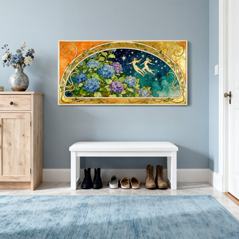 Mode, artistique, floral, ciel nocturne, personnages, H 16 po x l 32 po