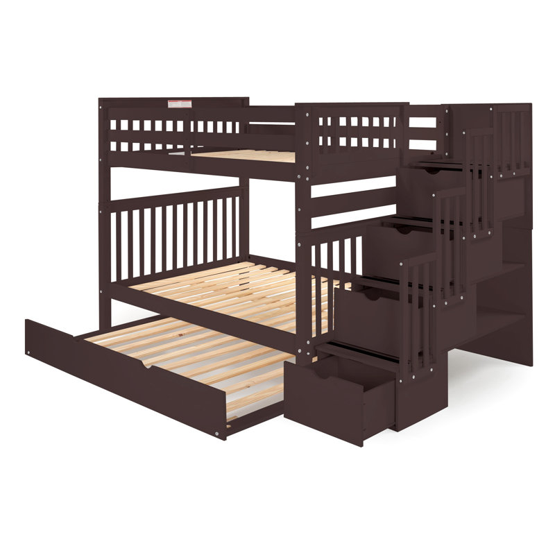 Tena Solid Wood Standard Stairway Bunk Beds Full over Full, 4 Drawers in the Steps, Full Trundle, Dark Cherry, Dark Cherry