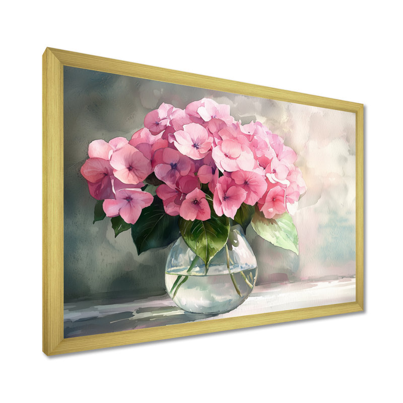 Hortensias dans un vase en verre III - hydrangées, art mural, Reproduction encadrée d'une seule photo sans pass, Doré