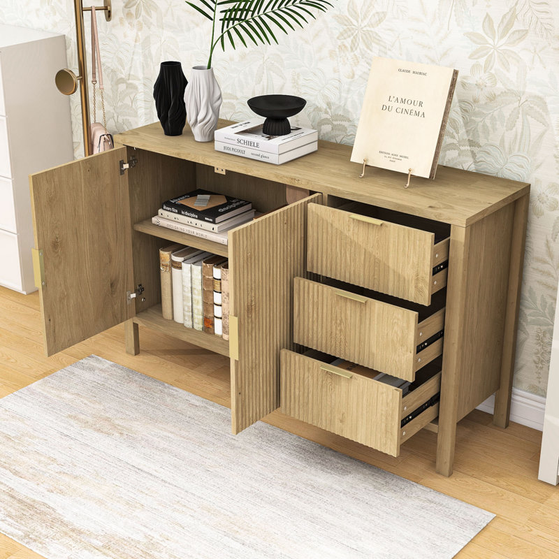Buffet avec 3 tiroirs, tablettes et crochets, Naturel