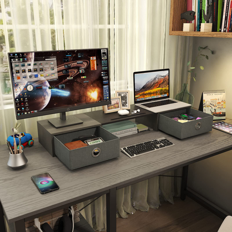 Extra Large Storage Monitor Stand for 2 Monitors, Grey/Black