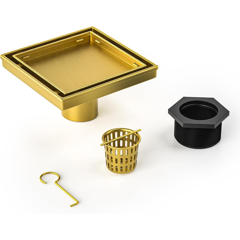 Square Shower Drain 6", Brushed Gold Floor Drain With Tiled Insert Grate & Hair Strainer