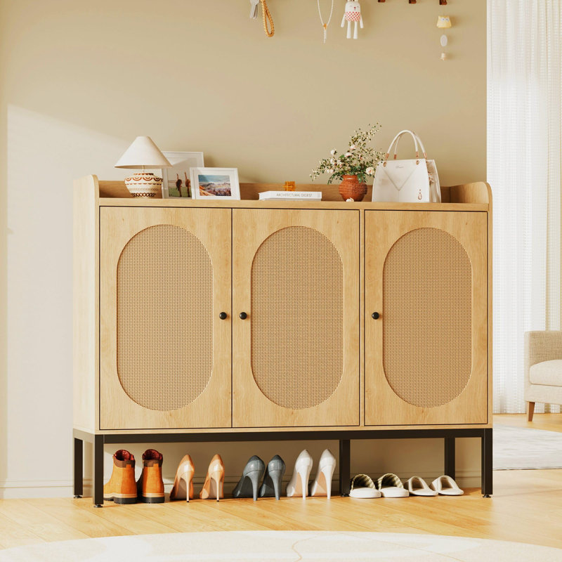 Adjustable Rattan Shoe Cabinet, 3-Door Shoe Rack with Shelves for Entryway, Living Room or Closet, Natural Wood