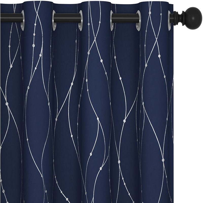 Senath Dotted Line Foil Printed Room Darkening Thermal Curtains, 117cm W x 183cm D, Navy Blue
