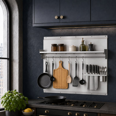 Dosseret de cuisinière VENFAN en acier inoxydable de 76 cm (30 po), 75 cm (29,5 po) de largeur × 75 cm (29,5 po) de hauteur, avec étagère compacte, porte-ustensiles et porte-couteaux.