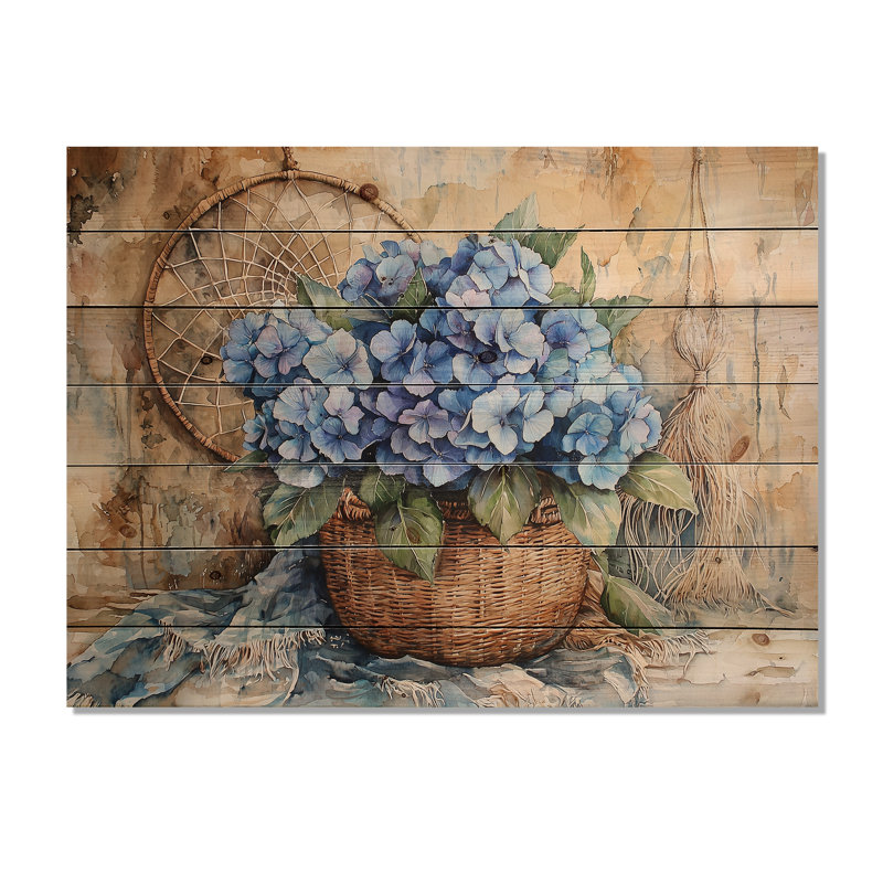 Boho bleu hydrangea Bliss II - décoration murale bois d'hortensia - sur bois de pin naturel, H 10 po x l 20 po