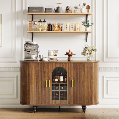 Curved Fluted Sideboard Buffet Cabinet, Navy Blue Accent Credenza with Arched Glass Door & Copper Handles, Modern Storage Cabinet for Living Room Entryway