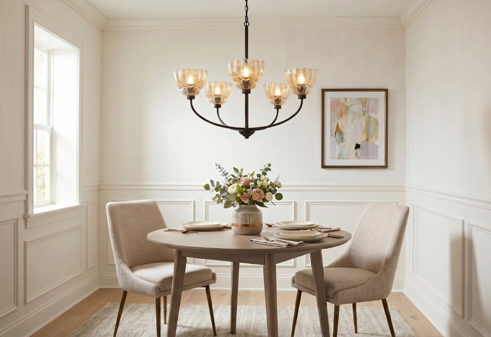 Five-light chandelier with amber-tinted scalloped glass shades hanging above a round wooden dining table with two upholstered chairs in a bright room.
