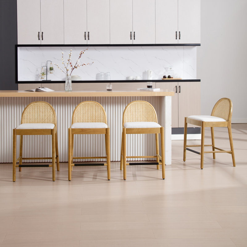 Tabourets modernes avec dossier en rotin et structure en bois Emington, Beige / nature