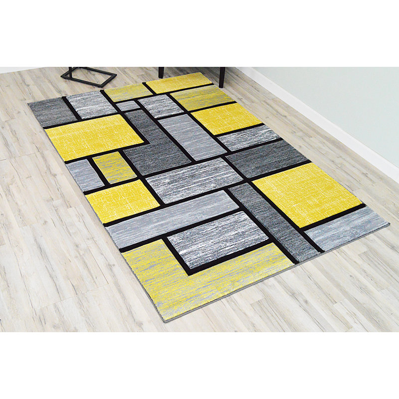 Tapis gris et jaune clair à motif abstrait 3D Mccampbell, Rectangle 9 pi 2 po x 12 pi 5 po