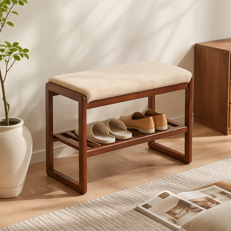 Banc de rangement en bois massif (couleur noyer), étagère de rangement en bois de hêtre avec coussin éponge à rebond élevé