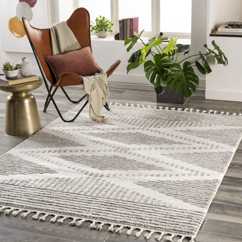 Gray and Cream Geometric Shag Area Rug 6'7" x 9'