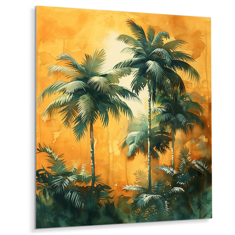 «Green Orange Palm Trees Swaying I - Palmiers et palmiers», art mural, Sans cadre, métal, H 30 po x l 40 po