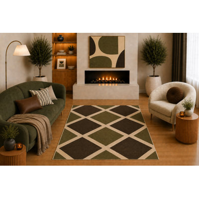 Tapis à motif géométrique arrondi «Ultra Léger» 5 pi x 7 pi de style Mid-Century moderne bleu marine, beige, gris, gris, arrondi