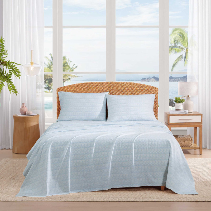 Ensemble de draps en coton percale Tommy Bahama, Ensemble de draps pour grand lit avec 2 taies d'or, Palmier bleu ikat