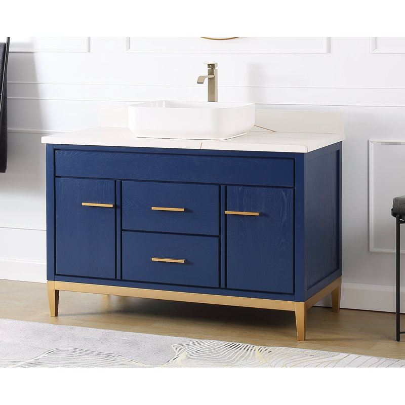 Andreka 48'' Single Bathroom Vanity with Quartz Top, White, Navy Blue
