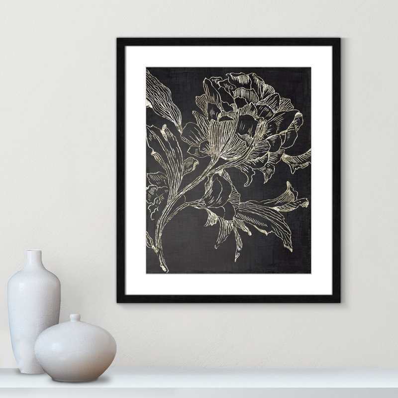 «Clarendon Golden Flower Folklore I» par Asia Jensen, reproduction de cadre photo, H 25,5 po x l 21,5 po, Grain de bois noir