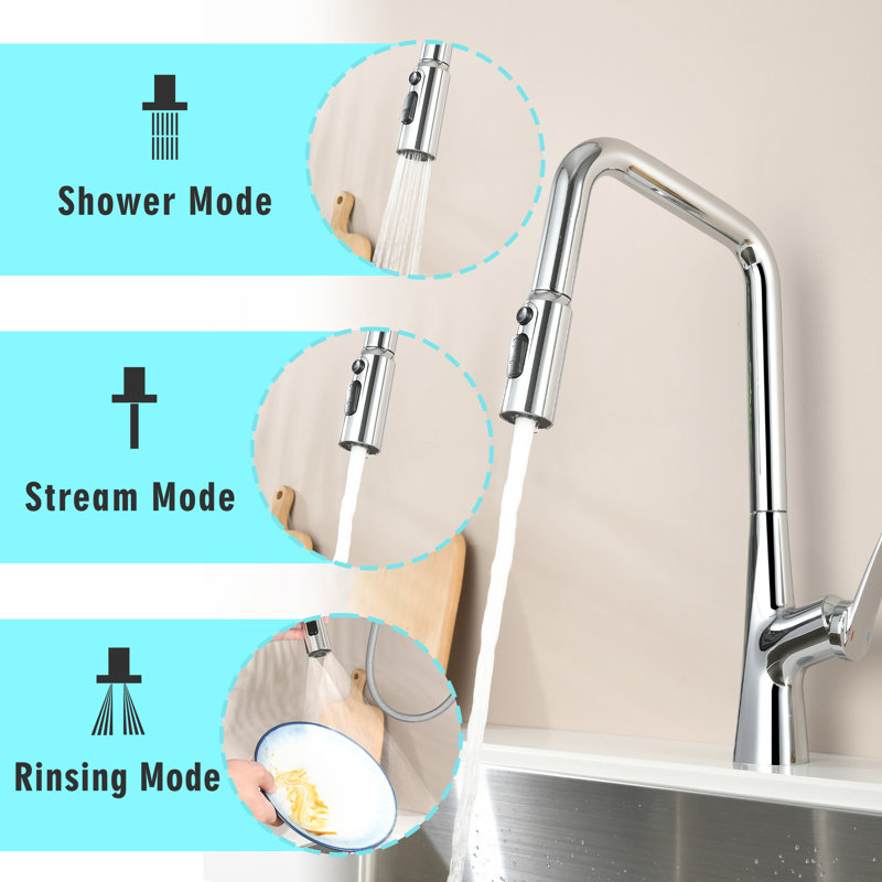 Professional Chrome Kitchen Faucet - 3 Function 360 Sprayer, One Touch Switching & FastConnect​, Chrome