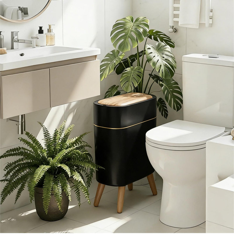 Poubelle automatique, poubelle de salle de bain 2,6 gallons avec couvercle, couvercle et pieds en grain de bois, poubelle imperméable sans contact (noir)