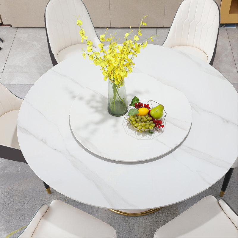 Table de salle à manger moderne en pierre frittée de 59,05 po avec table tournante ronde de 31,5 po avec piédestal exquis en bois et en métal et chaises de 8 pièces