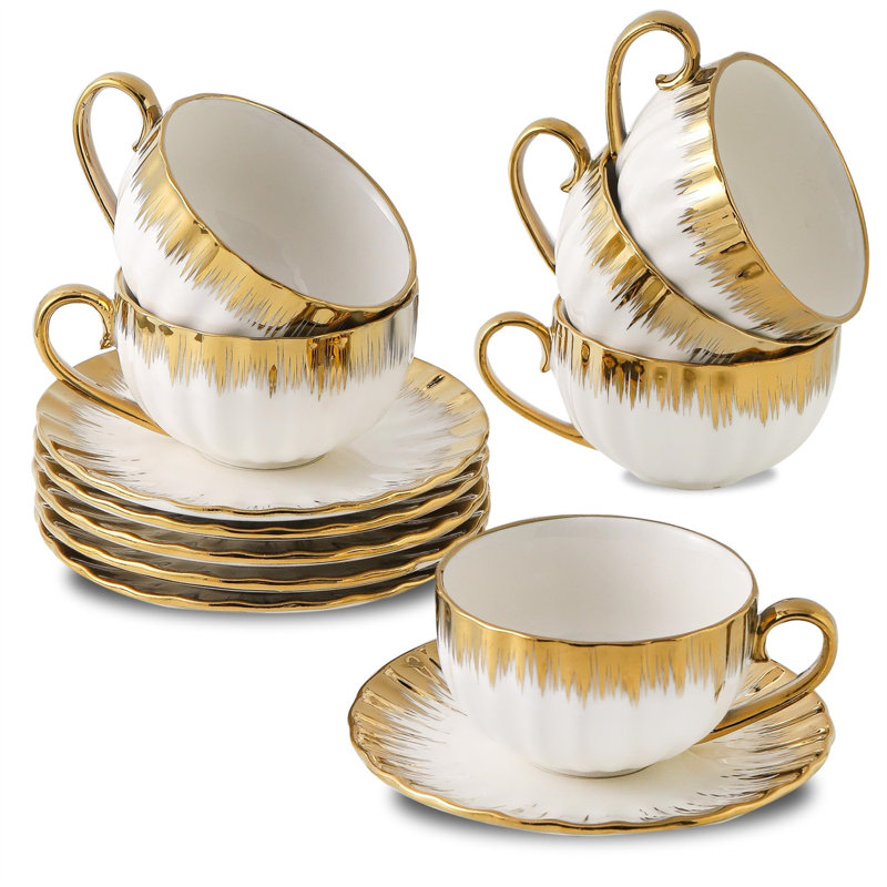 White and Gold Ceramic Cappuccino Cups with Saucers Set