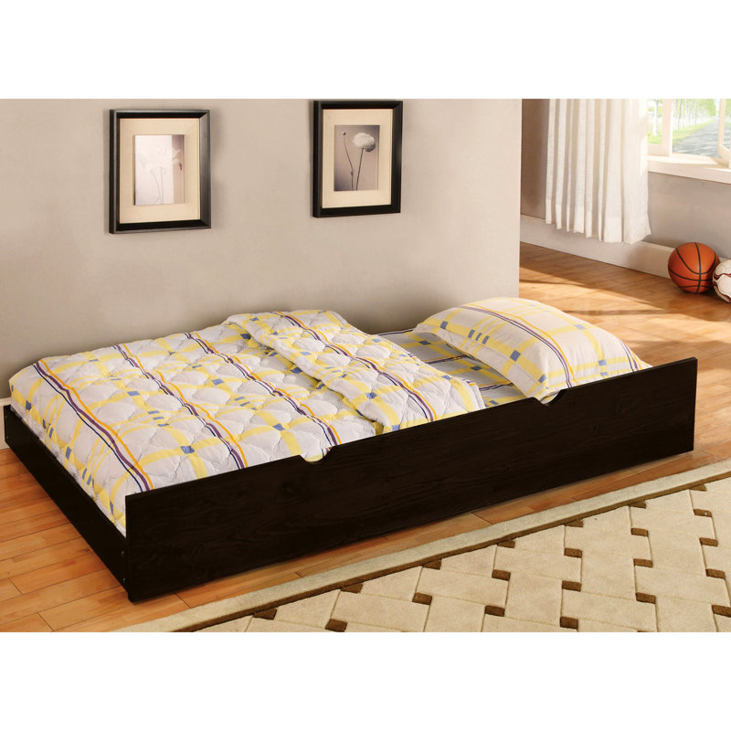 Lit simple superposé au-dessus, noyer foncé transitionnel, attaché, rails à joints verrouillables, lit gigogne, bois massif, 13 pièces Lattes pour lit de chambre à coucher avec design transitionnel, finition, joint de rails, lit gigogne, bois et