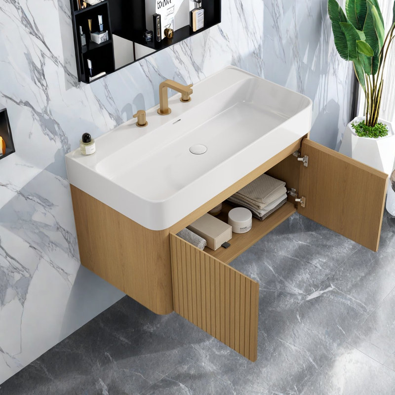 Meuble-lavabo flottant et évier, contreplaqué, rangement de salle de bain moderne, 35"