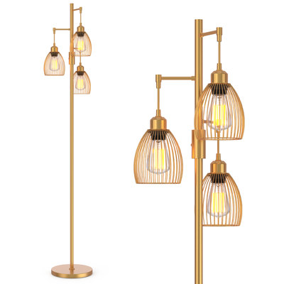 Lampe sur pied à intensité variable avec abat-jour cage et 4 ampoules DEL, lampe sur pied noire et dorée pour le salon, la chambre à coucher ou le bureau