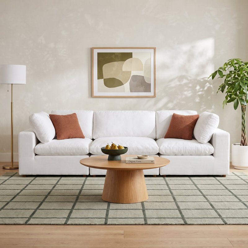 Jossa Upholstered Curved Sectional Right Hand Facing, White Linen Blend