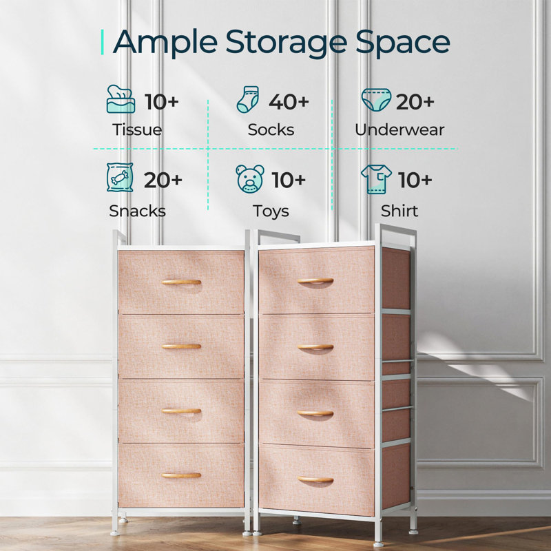 Commode 4 tiroirs en tissu pour chambre à coucher, Rose