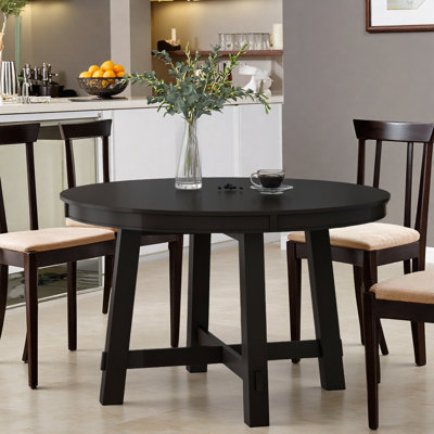 Farmhouse Round Extendable Dining Table With 16" Leaf Wood Kitchen Table