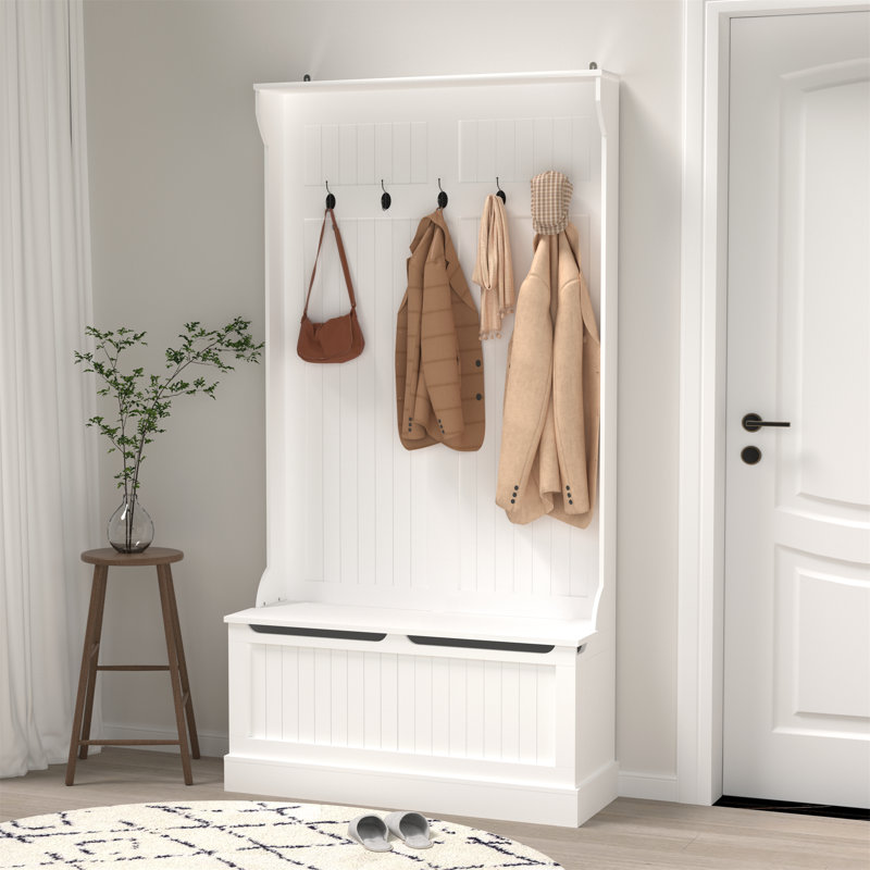 Multi-Use Hall Tree With Shoe Storage Bench And 5 Hooks, Elegant White Entryway Organizer