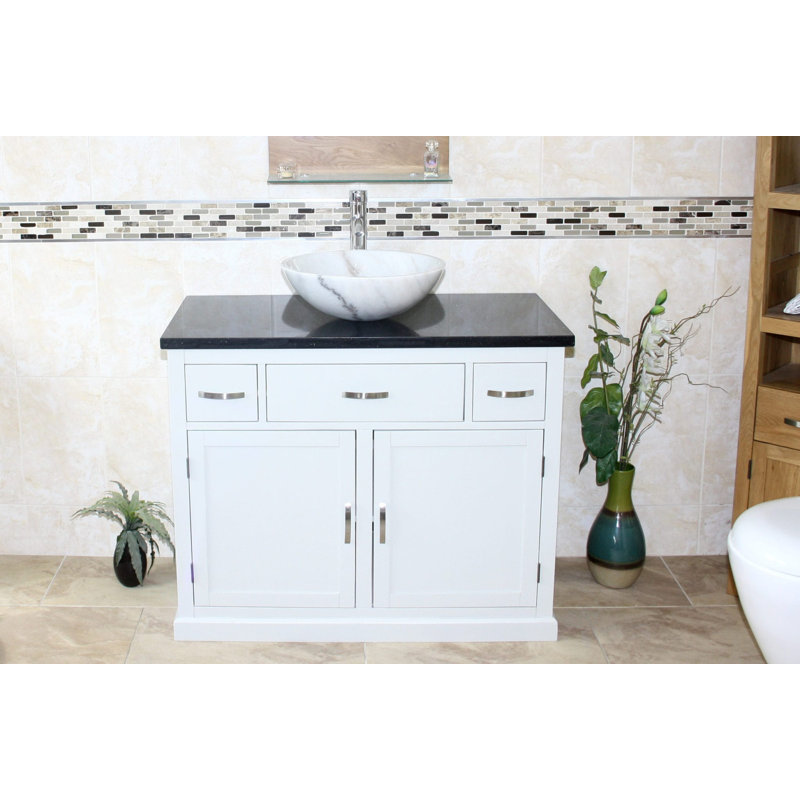 Rodger 1000mm Single Bathroom Vanity with Vessel Stone Basin, Black Quartz, White, White