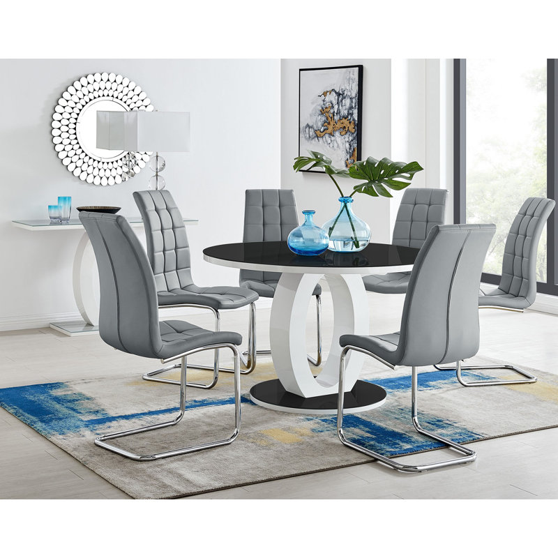 Scottsmoor Modern Halo Seat Round Dining Table Set - 6 Upholstered Faux Leather Dining Chairs, Grey, Grey