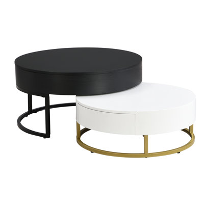 Modern Round Nesting Coffee Tables, Lift-top With 2 Drawers, White & Black Enchantment Class