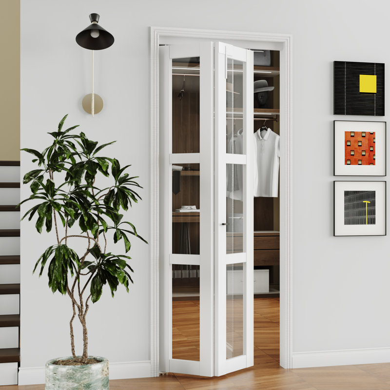 Porte pliante en verre - 3 verres transparents avec serrure de porte pliante et poignée en forme de T, 36 po x 80 po, 1