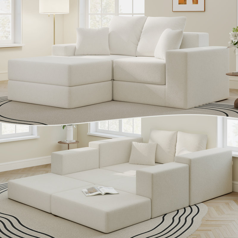 Canapé modulaire escamotable 75 po en velours avec repose-pieds, Velours beige