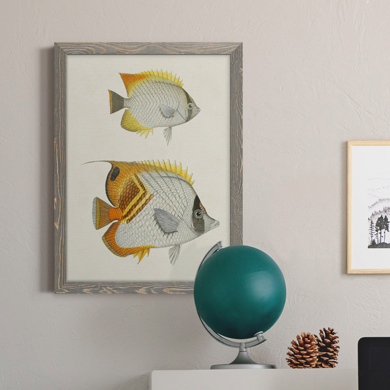 Jaune et gris poisson I, toile encadrée de qualité supérieure - prête à être accrochée, H 38 po x l 28 po x P 1 po, Gris