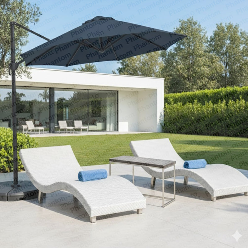 Grand parasol de patio en porte-à-faux carré bleu de 10 pi avec rotation à 360 ° et réglage des mésanges et parasol de terrasse robuste à baldaquin en polyester sans base.