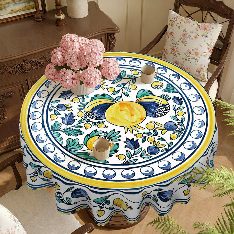 Nappe en polyester bleu clair avec motif floral jaune lavable à la machine