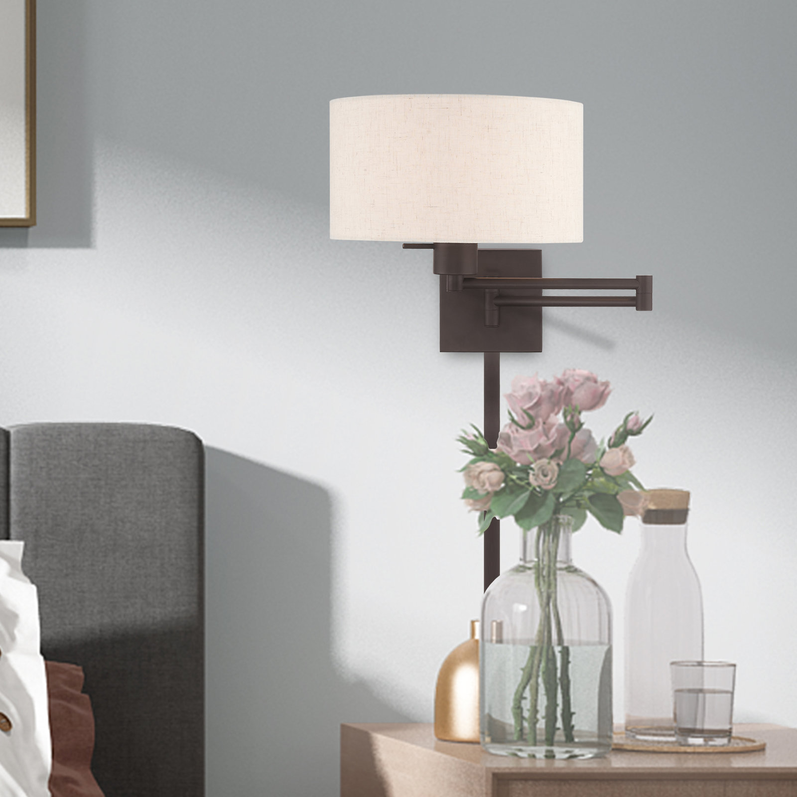 Kevyn Single Light Dimmable Swing Arm Sconce, Bronze, Oatmeal