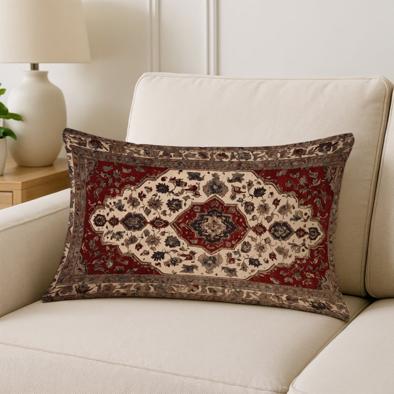 Coussin décoratif intérieur et extérieur Modern, Bourgogne / crème / damas brun, Rectangle H 20 po x l 14 po
