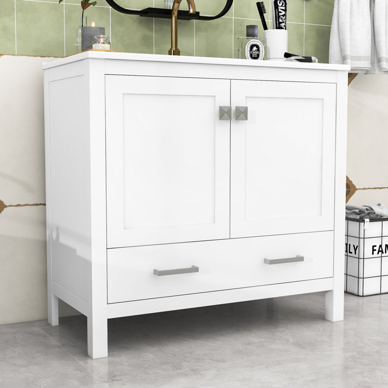 Meuble-lavabo moderne avec lavabo en céramique, portes à fermeture en douceur et tiroir divisé, Blanc / blanc